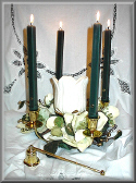 Quartet w/ Petal Light on 4" Falmouth, 6" Magnolia Ring w/ 10" Green Dinner Squares & Chatham Snuffer (153510 bytes)